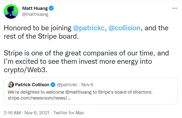 Paradigm联合创始人Matt Huang加入支付巨头Stripe董事会